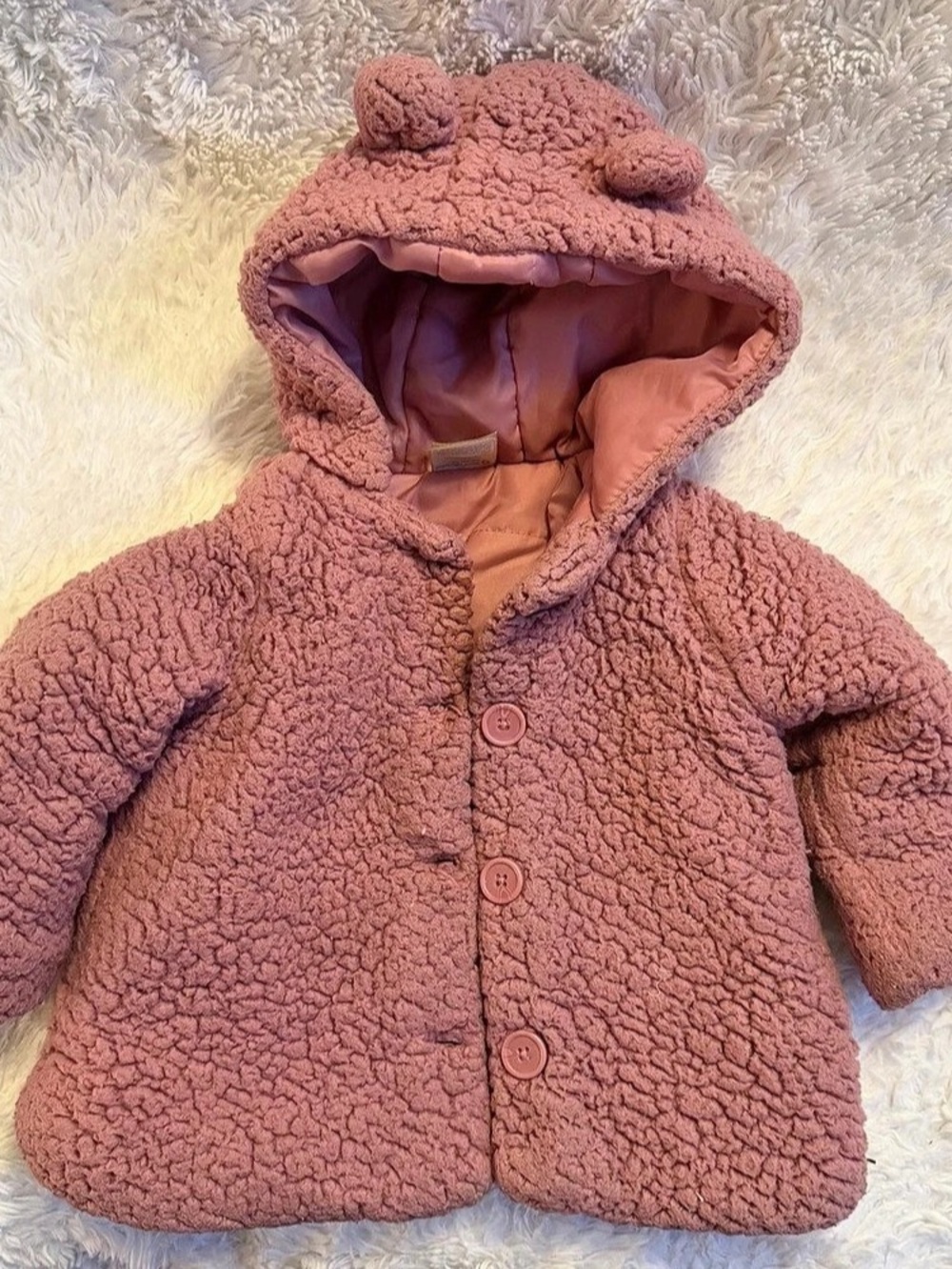 Baby Pink teddy-textured outer Hooded Jacket 18months